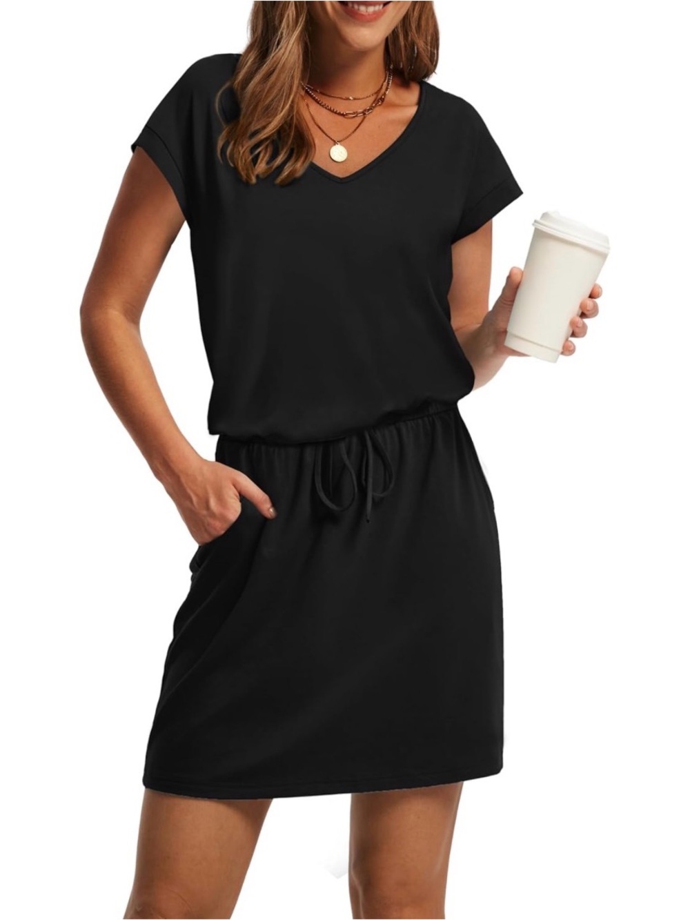 Black V-Neck Tie-Waist Dress